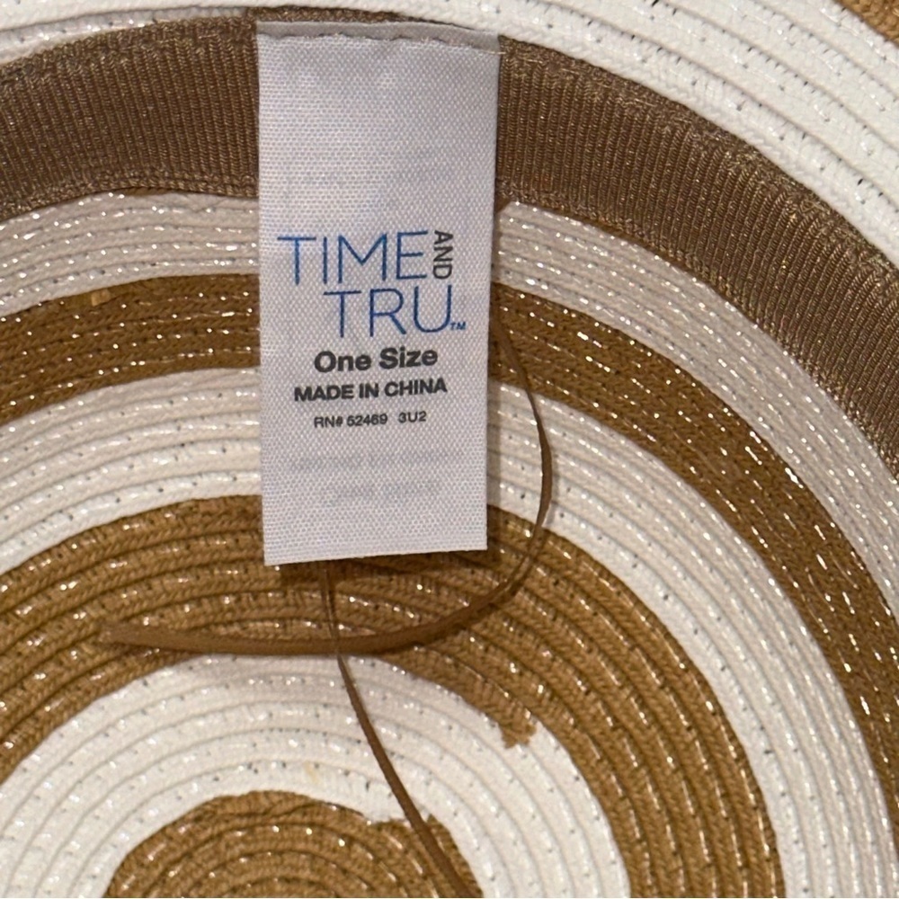 Time and Tru Striped Women's Sun Hat One Size Tan White Beach Floppy Hat NEW - Picture 10 of 11